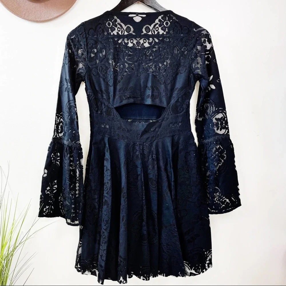 Free People Black Lace Long Sleeve Mini Dress